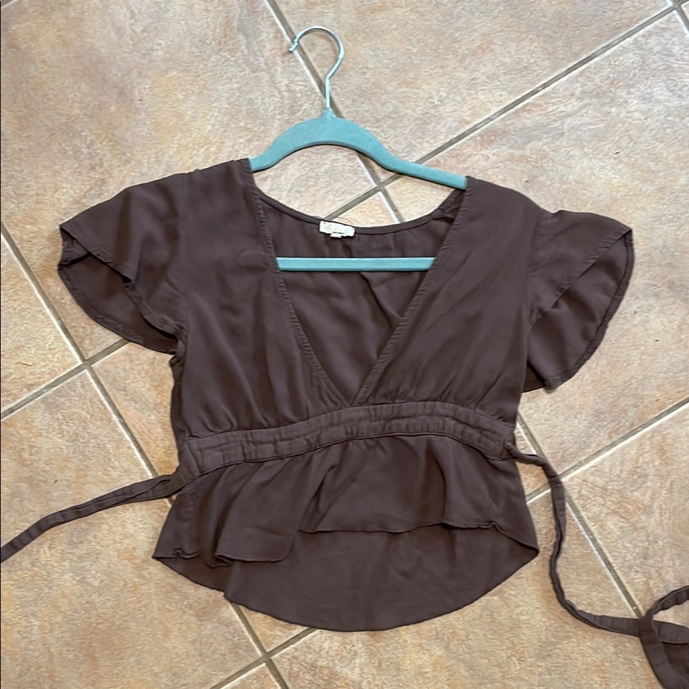 Brandy Melville Brown Flutter Sleeve Wrap Blouse